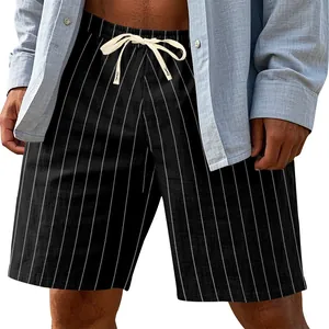 Close-up of men's breathable linen shorts with vertical pinstripe and drawstring waist