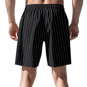 Back view of men's breathable black and white pinstriped shorts with elastic waist