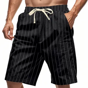 Breathable men's loose striped linen shorts with white vertical lines and drawstring