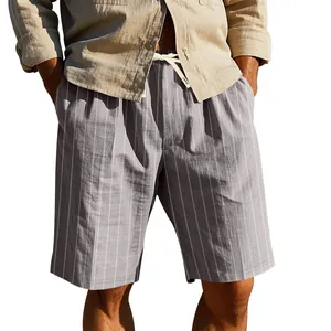 Macro view of men's breathable striped linen shorts featuring a casual drawstring waist.