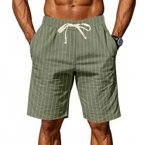 Men's striped linen shorts with white drawstring and elastic waist in olive green finish.