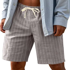 Close-up of men's striped linen shorts with white drawstring and breathable fabric.