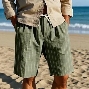Casual men's olive green vertical striped linen beach shorts with drawstring waist