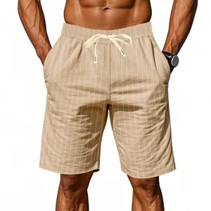 Close-up of men's breathable striped linen shorts with drawstring waist for summer beach wear
