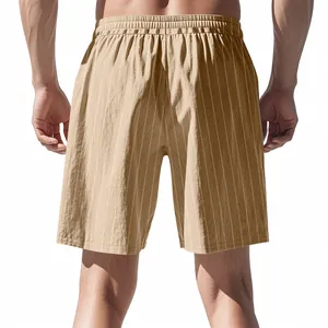 Back view of men's khaki striped shorts featuring a comfortable elastic waistband