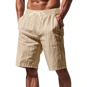 Close-up detail view of men's beige striped linen breathable shorts with drawstring waist