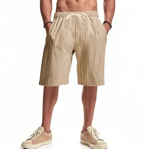 Loose men's striped linen shorts with an adjustable drawstring waist in beige