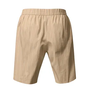 Back view of men's khaki pinstripe linen shorts with a comfortable elastic waistband