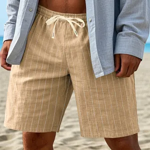 Detail view of men's breathable linen striped beach shorts with drawstring waist