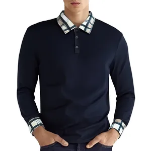 Dunkelblaues Langarm-Poloshirt für Herren mit modischem Karokragen und Manschetten.