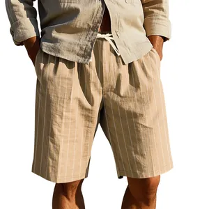 Close-up of men's breathable linen shorts with vertical stripes and a drawstring waist.