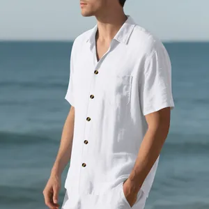 Side view detail showing the fit of a white linen short sleeve men's summer beach shirt
