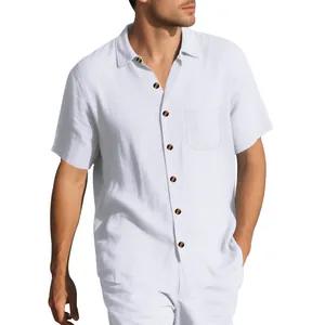 Close-up detail of a classic white men's short-sleeve linen-style casual shirt with dark buttons.