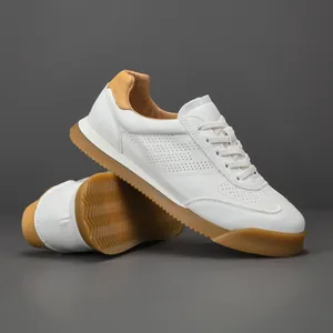 Premium men's white leather German army trainers with breathable perforated design and gum sole