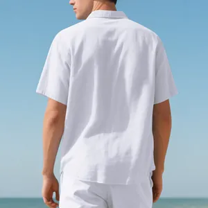 Detailed back view of a white short-sleeved woven linen shirt for men in casual summer style