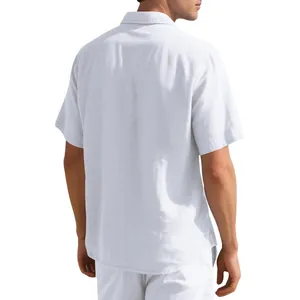 Back view of a minimalist white short sleeve casual lapel shirt for men with a loose fit