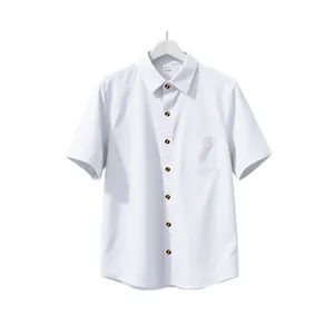 White minimalist short-sleeved casual shirt for men featuring a chest pocket and contrast buttons