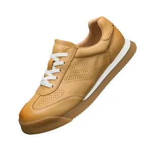 Breathable men's tan leather German Army Trainers with perforated panels and gum sole