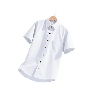 Close-up of a men's white short sleeve button-down shirt with tortoiseshell buttons