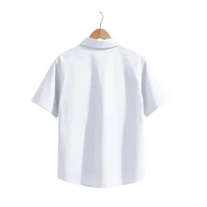 Back view of a white minimalist men's short-sleeve collared shirt on a wooden hanger