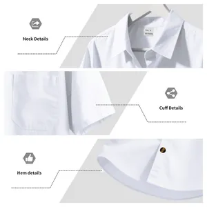 Detailed views of the collar, cuffs, and hem of a white short-sleeved button-down shirt.