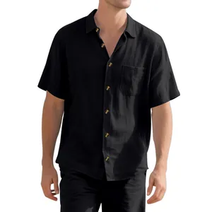 A detailed shot of a black men's casual short-sleeved shirt with a front pocket