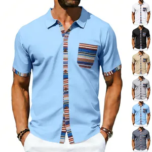 Detail showing bohemian striped pocket and placket on a light blue men's shirt