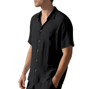 Close-up of black men's short-sleeve button-down shirt with a chest pocket