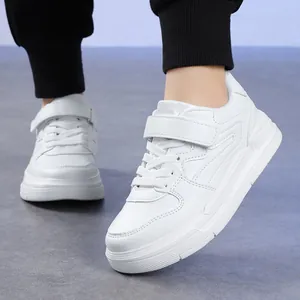 Classic white children's sneakers with hook-and-loop strap for boys and girls, 2024 style