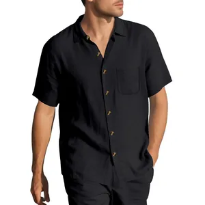 Close-up of black men's short-sleeve shirt with lapel collar and pocket detail