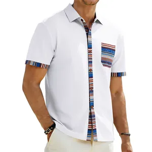 Close-up of bohemian striped pocket detail on white short sleeve button-down casual shirt