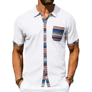 Close-up detail of a white short-sleeved casual shirt for men featuring Bohemian patterned trim