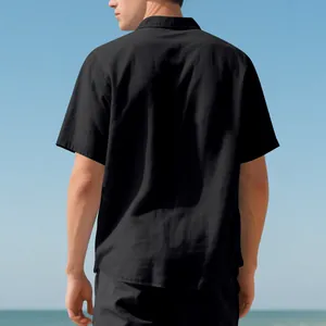 Back view of a minimalist relaxed fit men's black summer short sleeve shirt with lapel