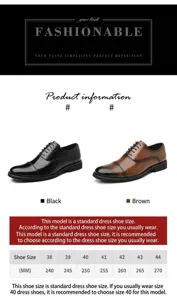 Size guide chart and detailed measurements for men's formal leather cap toe Oxford shoes