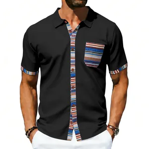 Detailed view of men's bohemian style short sleeve shirt with colorful striped accents