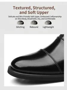 Detail of black leather cap-toe business dress shoe showing refined surface texture