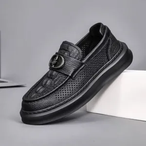 Men's Genuine Sheepskin Leather Perforated Loafers Fashion Slip-On Driving Shoes Breathable Casual Moccasins Crocodile Pattern