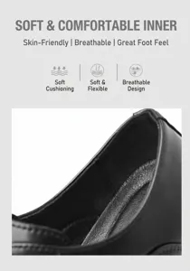 Detail view of soft breathable black leather shoe lining featuring comfort feature icons
