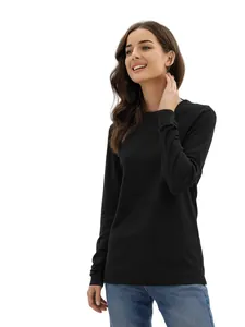 Model wearing a comfortable black long-sleeved cotton T-shirt against white background