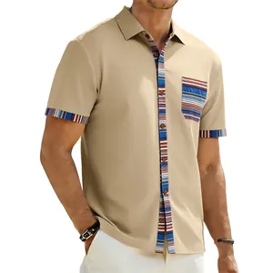 Close-up detail of the colorful bohemian striped pocket on the khaki casual shirt