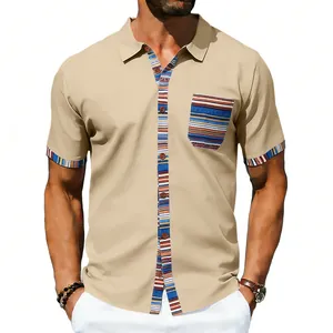 Men's casual summer short sleeve shirt with bohemian striped accents on collar and pocket