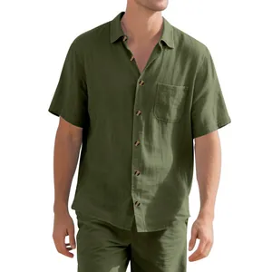 Detailed view of casual olive green short-sleeved button-down shirt with a front chest pocket