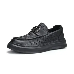 Breathable black leather men's loafers with perforated design and metal buckle