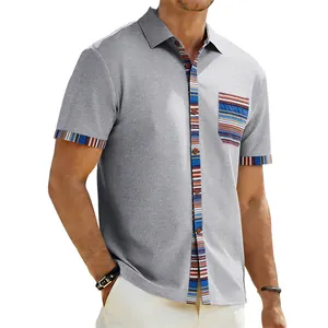 Close-up of bohemian striped details on a men's grey casual short sleeve shirt
