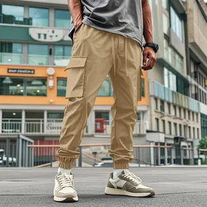 Pantaloni cargo jogger kaki multitasche da uomo con caviglie elasticizzate e coulisse