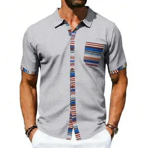 Detail view of men's bohemian striped polo-style casual shirt with short sleeves