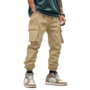 Pantaloni cargo kaki da uomo con tasche multiple e polsini elastici alla caviglia