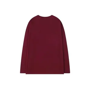 Back view of a plain maroon long-sleeved cotton T-shirt with a classic crew neck design