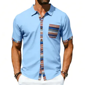 Close-up of men's bohemian striped short sleeve casual shirt in light blue