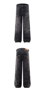 Front and back views of men's loose denim jeans with fireworks rhinestone patterns